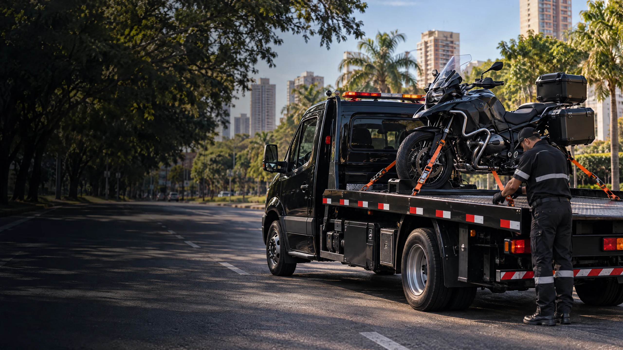 Motocicleta presa com cintas em um caminhão-plataforma de guincho