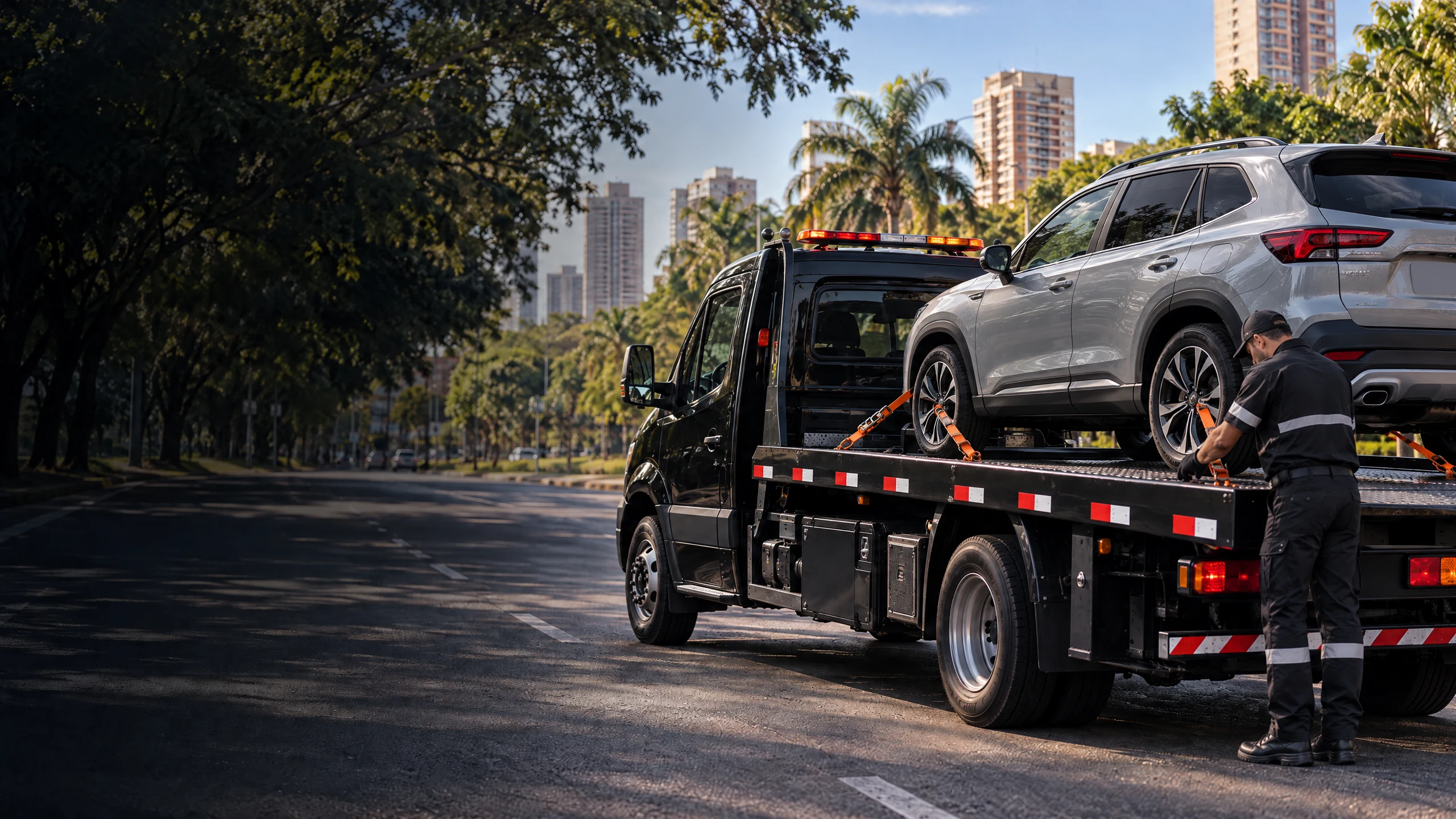 SUV transportado com segurança na plataforma de um caminhão-guincho